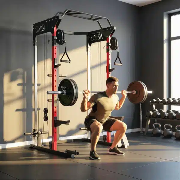 Jaula de Potencia Smith Machine, Rack para Sentadillas con Sistema Polea Ajustable Barra Dominadas y Estación de Fondos - Imagen 11