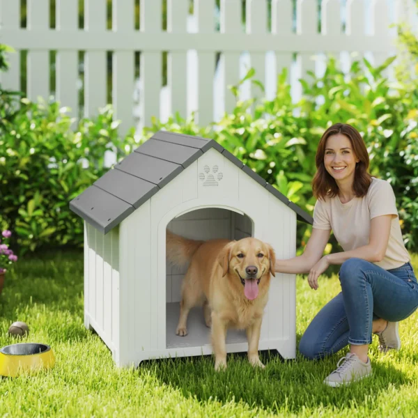 Caseta para Perros Exterior Casa para Perros Extragrandes de Plástico con 2 Ventanas Base Elevada Estacas Marrón Oscuro - Imagen 2