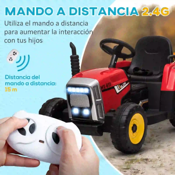 ractor Eléctrico con Remolque para Niños 3-6 Años con Control Remoto y Cinturón de Seguridad 136,5x50x52,5 cm Rojo - Imagen 8