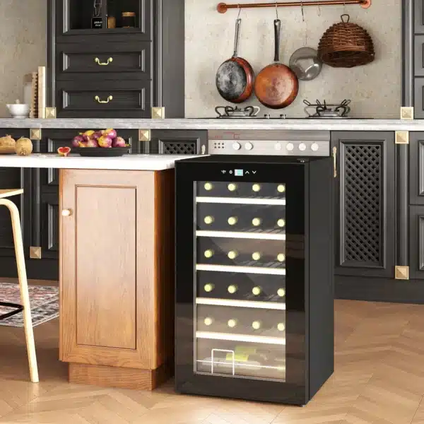 Nevera Vinos 24 Botellas 65L con Luz LED Interior Pantalla Táctil Puerta de Vidrio y 5 Estantes de Metal Negro - Imagen 11