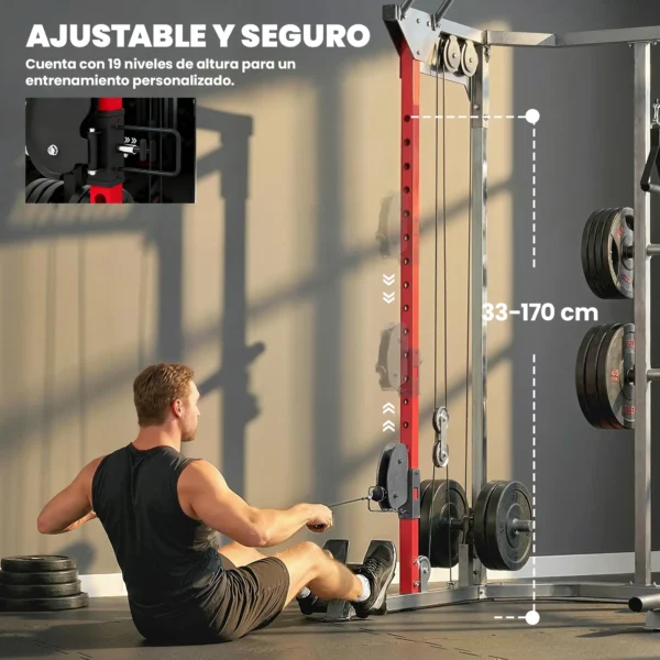 Jaula de Potencia Smith Machine, Rack para Sentadillas con Sistema Polea Ajustable Barra Dominadas y Estación de Fondos - Imagen 6