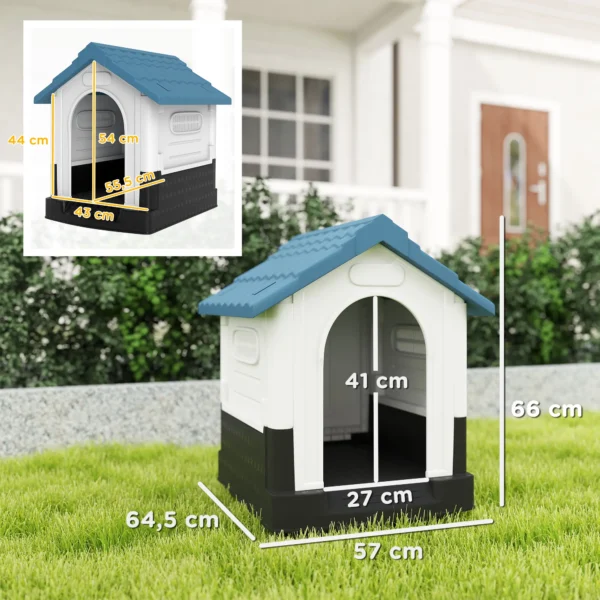 Caseta para Perros Mini para Exterior de Plástico con 3 Ventanas Base Elevada Techo Inclinado 64,5x57x66 cm Azul/NEGRA - Imagen 8