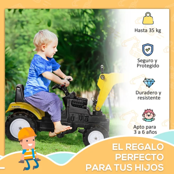 Tractor a Pedales para Niños de +3 Años con Pala Delantera y Bocina Carga 35kg Tractor Infantil 107x42x71 cm Amarillo - Imagen 9