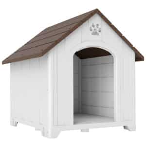 Caseta para Perros Exterior Casa para Perros Extragrandes de Plástico con 2 Ventanas Base Elevada Estacas Marrón Oscuro