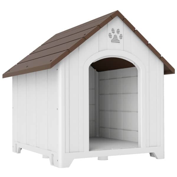 Caseta para Perros Exterior Casa para Perros Extragrandes de Plástico con 2 Ventanas Base Elevada Estacas Marrón Oscuro