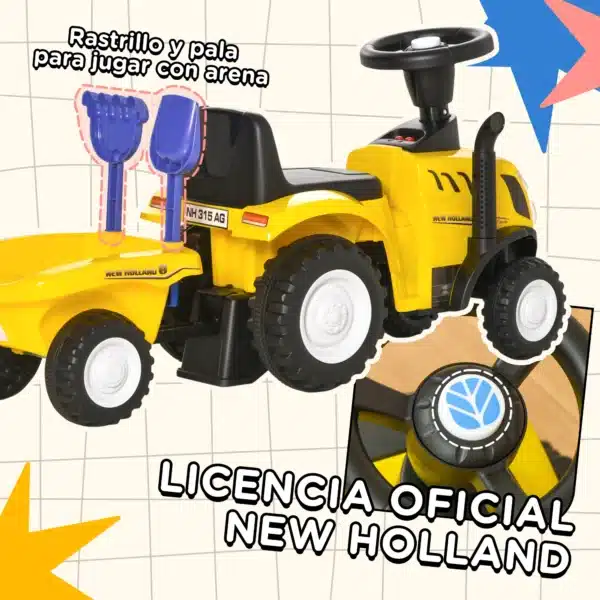 Tractor para Niños de 12-36 Meses con Remolque Extraíble Coche Correpasillos con Bocina Faros Pala Asiento de Suelo 25 cm y Rastrillo Carga 25 kg 91x29x44 cm Amarillo - Imagen 9