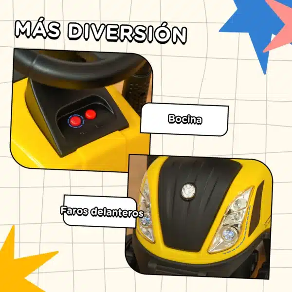 Tractor para Niños de 12-36 Meses con Remolque Extraíble Coche Correpasillos con Bocina Faros Pala Asiento de Suelo 25 cm y Rastrillo Carga 25 kg 91x29x44 cm Amarillo - Imagen 7