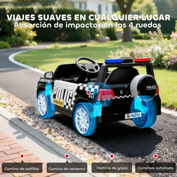 Coche Eléctrico para Niños de Policía con Mando a Distancia Motor Doble Sirena Suspensión en 4 Ruedas y Faros Negro - Imagen 5