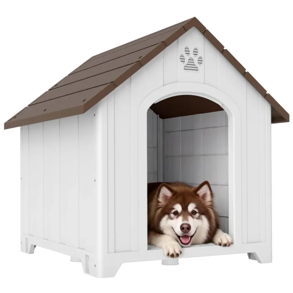Caseta para Perros Exterior Casa para Perros Extragrandes de Plástico con 2 Ventanas Base Elevada Estacas Marrón Oscuro - Imagen 4