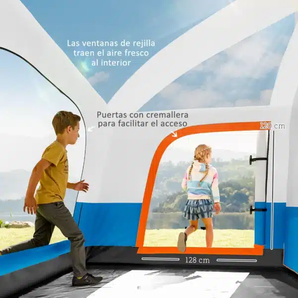 Tienda de Campaña Familiar 4-6 Personas con 2 Habitaciones Zona de Estar y Protección Impermeable 430x305 cm Gris y Azul - Imagen 8