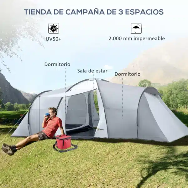 Tienda de Campaña Familiar para 4-6 Personas con 2 Ventanas y Bolsa de Transporte Impermeable Anti-UV 590x245x193cm Gris - Imagen 9