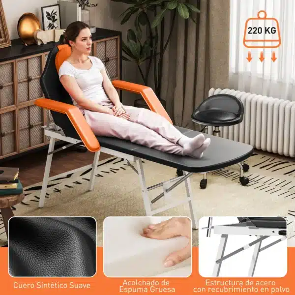 Camilla Masaje Plegable Portátil de 3 Zonas con Respaldo Ajustable Reposacabezas Reposabrazos 182x82x68 cm Naranja - Imagen 7