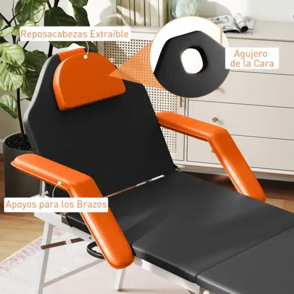 Camilla Masaje Plegable Portátil de 3 Zonas con Respaldo Ajustable Reposacabezas Reposabrazos 182x82x68 cm Naranja - Imagen 6