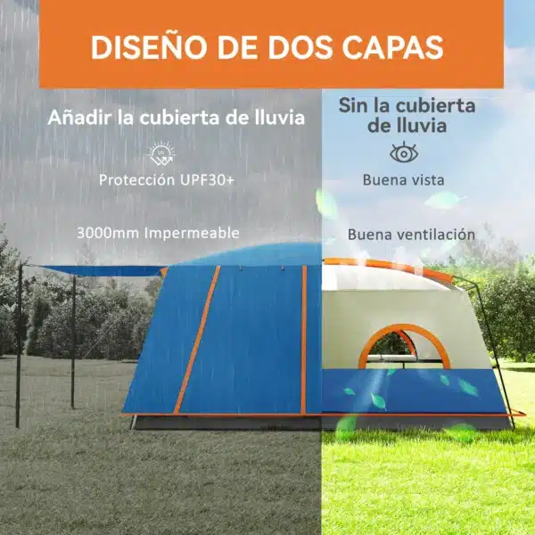 Tienda de Campaña Familiar 4-6 Personas con 2 Habitaciones Zona de Estar y Protección Impermeable 430x305 cm Gris y Azul - Imagen 9