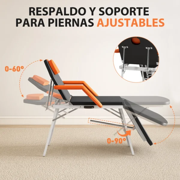 Camilla Masaje Plegable Portátil de 3 Zonas con Respaldo Ajustable Reposacabezas Reposabrazos 182x82x68 cm Naranja - Imagen 9