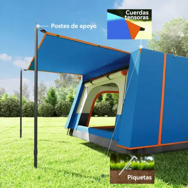 Tienda de Campaña Familiar 4-6 Personas con 2 Habitaciones Zona de Estar y Protección Impermeable 430x305 cm Gris y Azul - Imagen 5