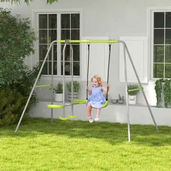 Columpio para Niños Columpio Jardín Exterior con 1 Columpio Simple 1 Planeador y Anti-UV 255x160x180 cm Gris y Verde