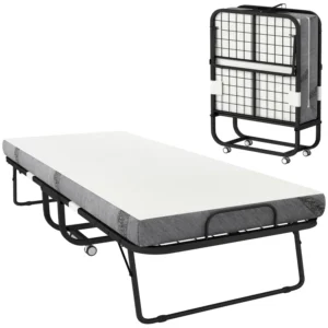 Cama Plegable 200x90 cm con 4 Ruedas, Cama de Camping Portátil, con Colchón Individual de 10 cm, Marco de Acero, Carga 150 kg, para Dormitorio, Salón, Oficina, Blanco
