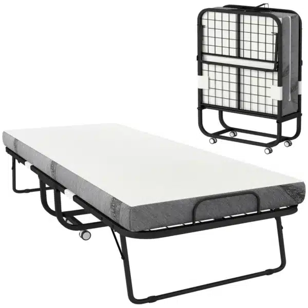 Cama Plegable 200x90 cm con 4 Ruedas, Cama de Camping Portátil, con Colchón Individual de 10 cm, Marco de Acero, Carga 150 kg, para Dormitorio, Salón, Oficina, Blanco - Imagen 3