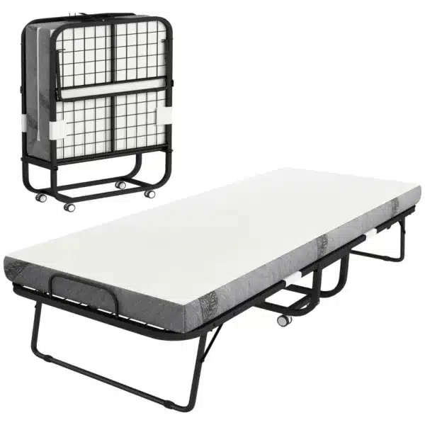 Cama Plegable 200x90 cm con 4 Ruedas, Cama de Camping Portátil, con Colchón Individual de 10 cm, Marco de Acero, Carga 150 kg, para Dormitorio, Salón, Oficina, Blanco - Imagen 2