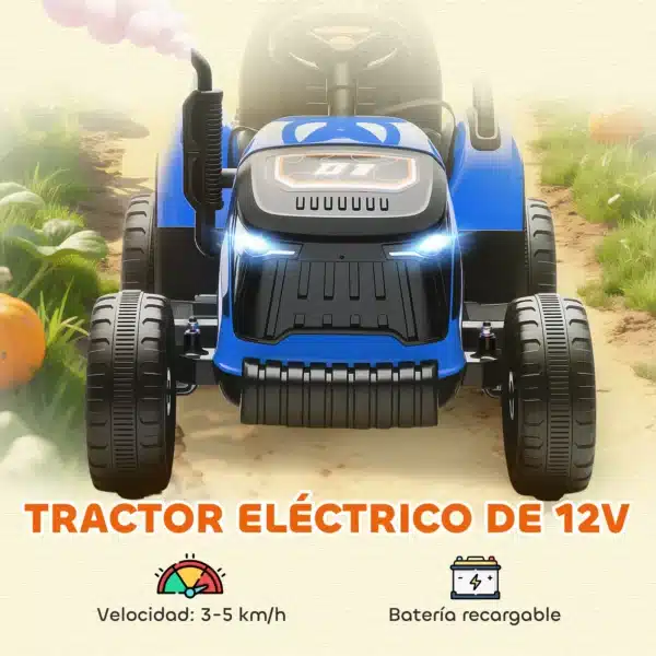 Tractor Eléctrico para Niños con Remolque Desmontable Batería 12V Velocidad 3-5 km/h, Control Remoto 2,4G Azul - Imagen 7