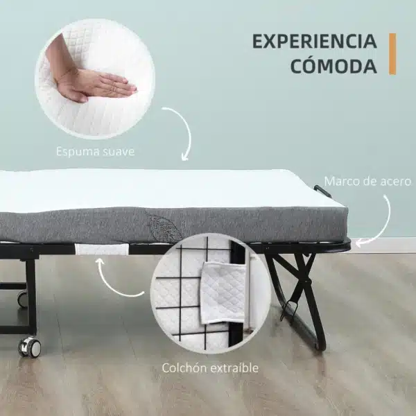 Cama Plegable 200x90 cm con 4 Ruedas, Cama de Camping Portátil, con Colchón Individual de 10 cm, Marco de Acero, Carga 150 kg, para Dormitorio, Salón, Oficina, Blanco - Imagen 8