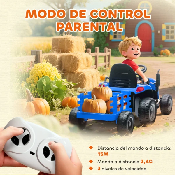 Tractor Eléctrico para Niños con Remolque Desmontable Batería 12V Velocidad 3-5 km/h, Control Remoto 2,4G Azul - Imagen 4