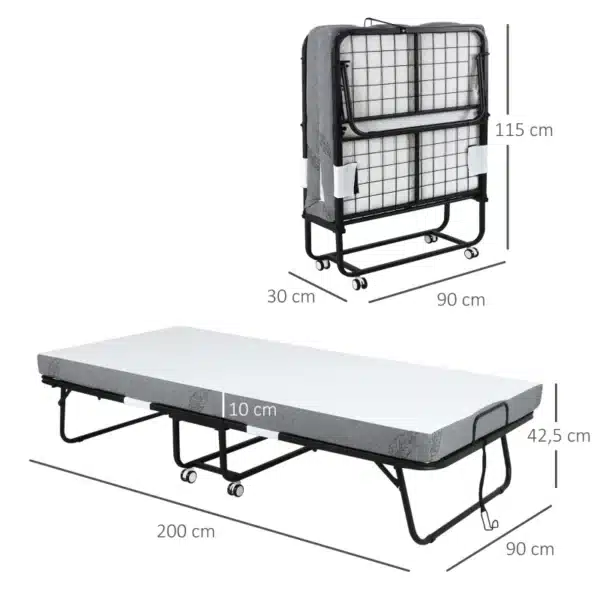 Cama Plegable 200x90 cm con 4 Ruedas, Cama de Camping Portátil, con Colchón Individual de 10 cm, Marco de Acero, Carga 150 kg, para Dormitorio, Salón, Oficina, Blanco - Imagen 14