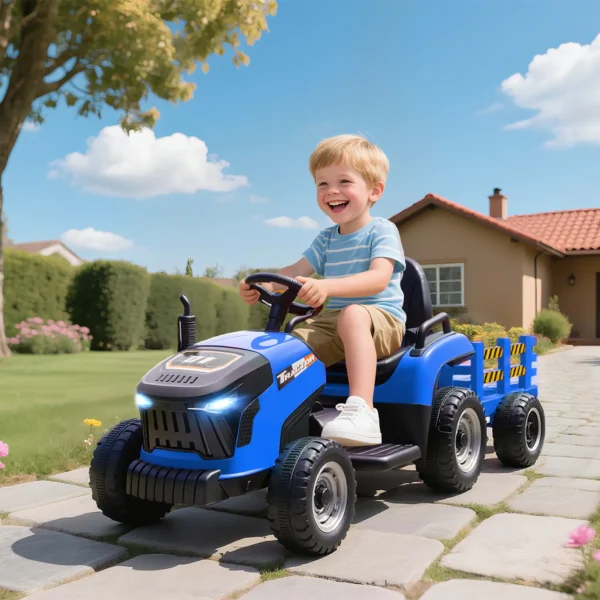 Tractor Eléctrico para Niños con Remolque Desmontable Batería 12V Velocidad 3-5 km/h, Control Remoto 2,4G Azul - Imagen 6