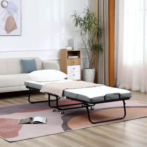 Cama Plegable 200x90 cm con 4 Ruedas, Cama de Camping Portátil, con Colchón Individual de 10 cm, Marco de Acero, Carga 150 kg, para Dormitorio, Salón, Oficina, Blanco - Imagen 6