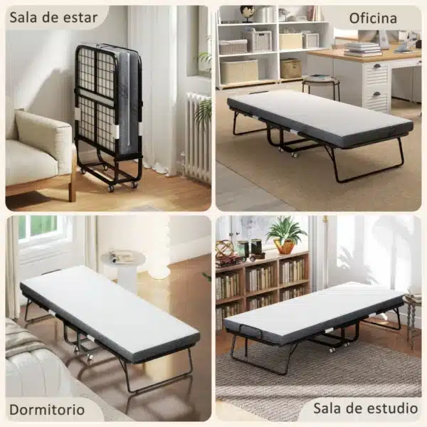 Cama Plegable 200x90 cm con 4 Ruedas, Cama de Camping Portátil, con Colchón Individual de 10 cm, Marco de Acero, Carga 150 kg, para Dormitorio, Salón, Oficina, Blanco - Imagen 12