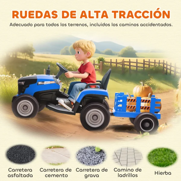 Tractor Eléctrico para Niños con Remolque Desmontable Batería 12V Velocidad 3-5 km/h, Control Remoto 2,4G Azul - Imagen 9