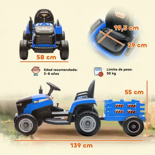 Tractor Eléctrico para Niños con Remolque Desmontable Batería 12V Velocidad 3-5 km/h, Control Remoto 2,4G Azul - Imagen 2