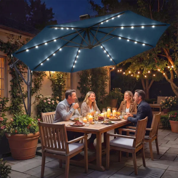 Parasol Excéntrico con Luces LED Solares Ø345 cm Sombrilla Jardín de Aluminio con Base Cruzada Manivela Funda Azul - Imagen 11