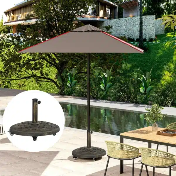 Base para Parasol de Resina de 20 kg Redonda con Ruedas y Frenos, Bronce - Imagen 6