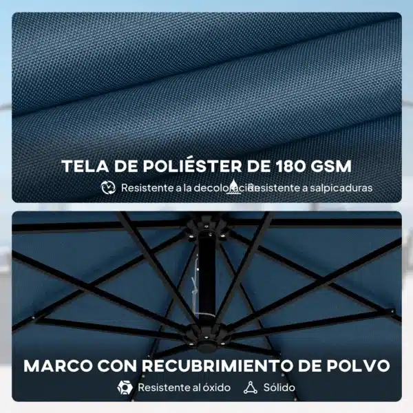 Parasol Excéntrico con Luces LED Solares Ø345 cm Sombrilla Jardín de Aluminio con Base Cruzada Manivela Funda Azul - Imagen 5