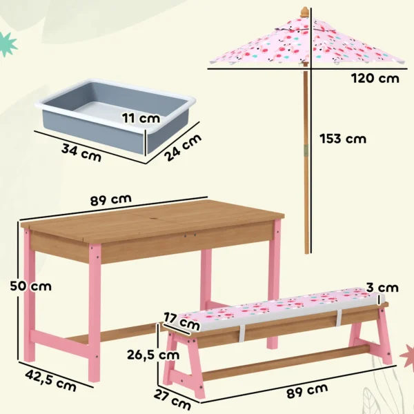 Mesa picnic infantil con bancos, cojines, parasol plegable, cajas de almacenamiento extraíbles, motivo de flamenco, rosa - Imagen 7