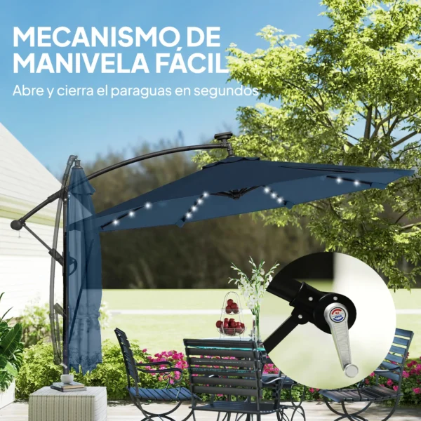 Parasol Excéntrico con Luces LED Solares Ø345 cm Sombrilla Jardín de Aluminio con Base Cruzada Manivela Funda Azul - Imagen 4