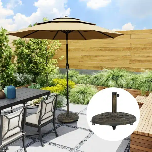 Base para Parasol de Resina de 20 kg Redonda con Ruedas y Frenos, Bronce - Imagen 8