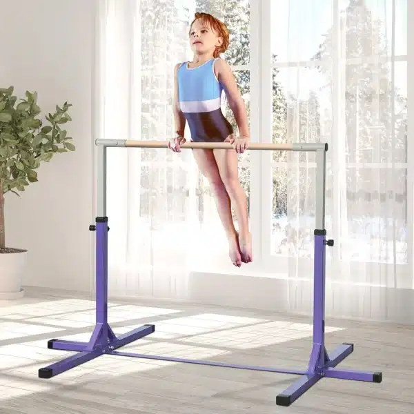Barra de Gimnasia para Niños +3 Años Barra de Entrenamiento Altura Ajustable 92-150 cm Carga 75 kg 194x121x150cm Violeta