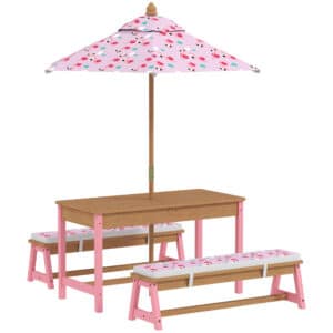 Mesa picnic infantil con bancos, cojines, parasol plegable, cajas de almacenamiento extraíbles, motivo de flamenco, rosa