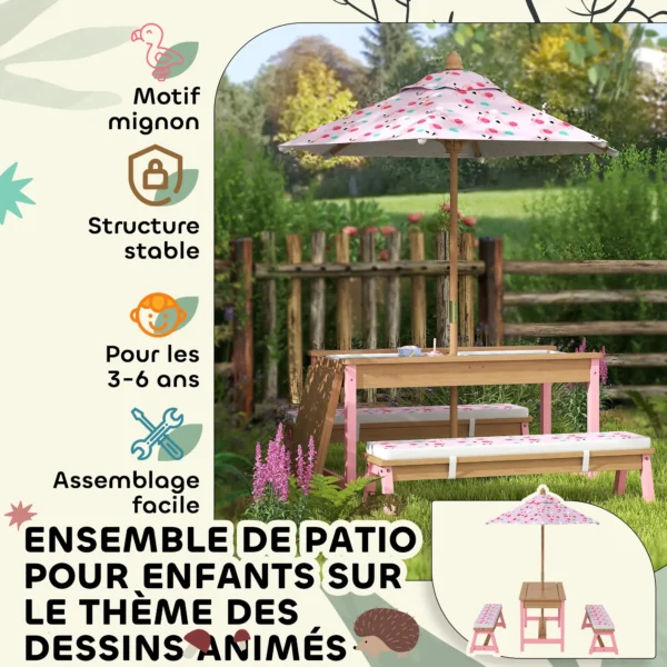 Mesa picnic infantil con bancos, cojines, parasol plegable, cajas de almacenamiento extraíbles, motivo de flamenco, rosa - Imagen 6