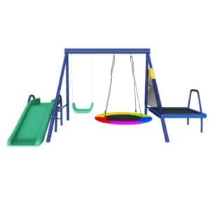 Conjunto de columpios multifuncional para exteriores con tobogán, trampolín, columpio redondo tipo nido y columpio de plástico, 333x198x183 cm, Azul antiguo