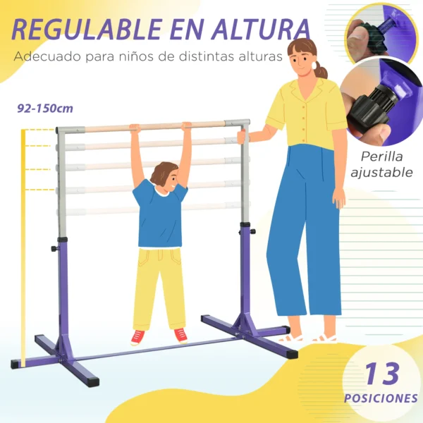 Barra de Gimnasia para Niños +3 Años Barra de Entrenamiento Altura Ajustable 92-150 cm Carga 75 kg 194x121x150cm Violeta - Imagen 9