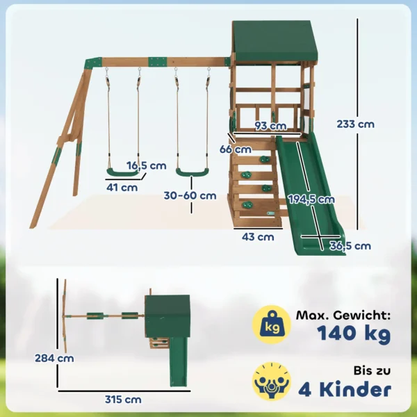 Torre de juego estructura de escalada de madera armazón con tobogán 2 columpios pared de escalada para 3-8 años 315x284x233 cm Verde - Imagen 5
