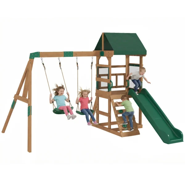 Torre de juego estructura de escalada de madera armazón con tobogán 2 columpios pared de escalada para 3-8 años 315x284x233 cm Verde - Imagen 3