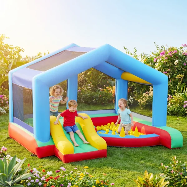 Castillo Hinchable para Niños con Soplador Tobogán Cama Elástica Piscina de Pelotas Juego de Aros Toldo - Imagen 11