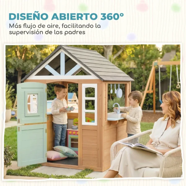 Casita Infantil Exterior e Interior de Madera con Puerta para Mascotas Cocina de Juguete Media Puerta Madera Natural - Imagen 6