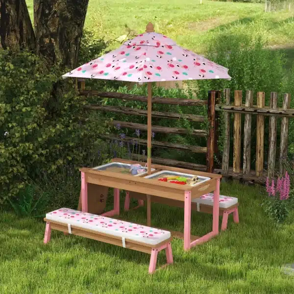 Mesa picnic infantil con bancos, cojines, parasol plegable, cajas de almacenamiento extraíbles, motivo de flamenco, rosa - Imagen 8