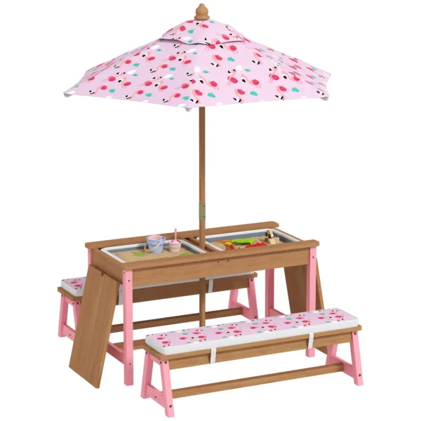 Mesa picnic infantil con bancos, cojines, parasol plegable, cajas de almacenamiento extraíbles, motivo de flamenco, rosa - Imagen 3